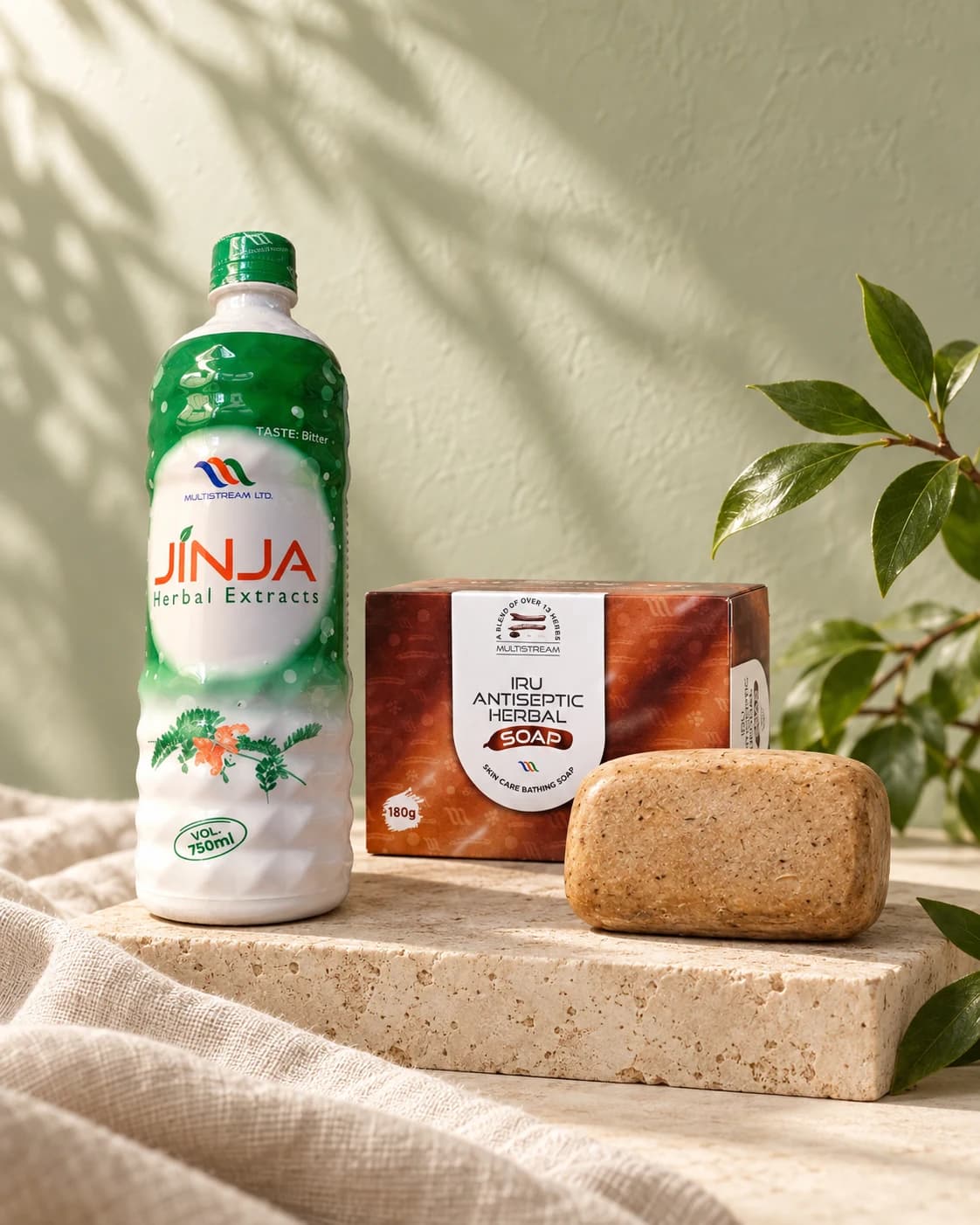 Jinja herbal extract and IRU soap styled with linen and botanicals